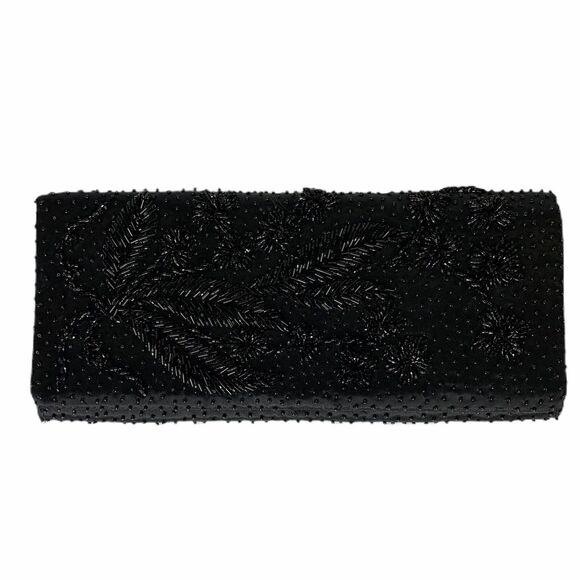 Vintage Black Beaded Clutch Bonnies Handmade Hong Kong Evening Formal Black Tie - Picture 1 of 12